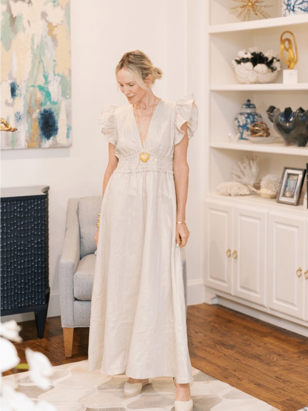 Sail to Sable Elegant Cream Flutter-Sleeve Maxi Dress linen - Picture 3 of 8
